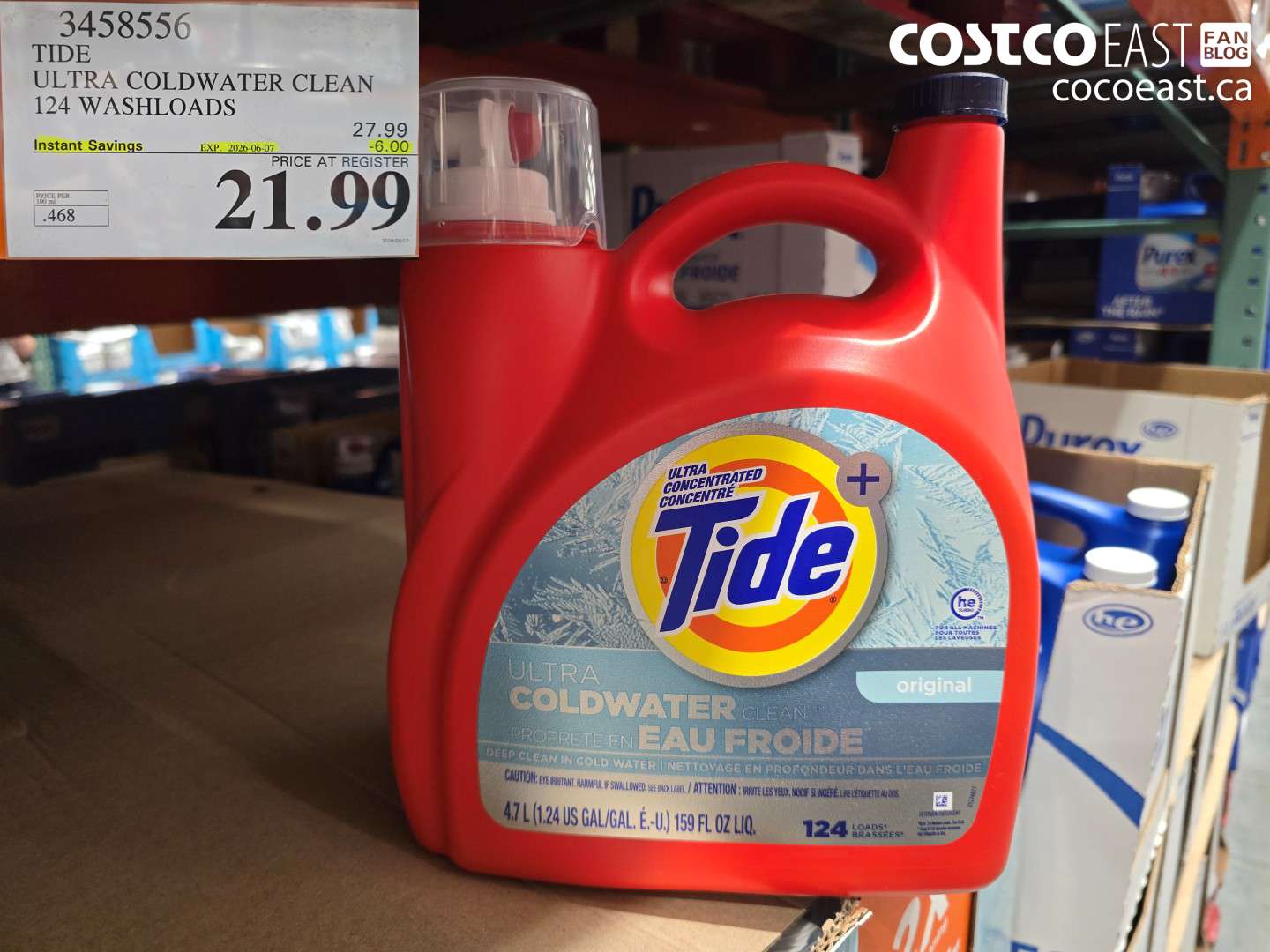 3458556 TIDE ULTRA COLDWATER CLEAN 124 WASHLOADS ($6.00 INSTANT SAVINGS EXPIRES ON 2026-06-07) $21.99