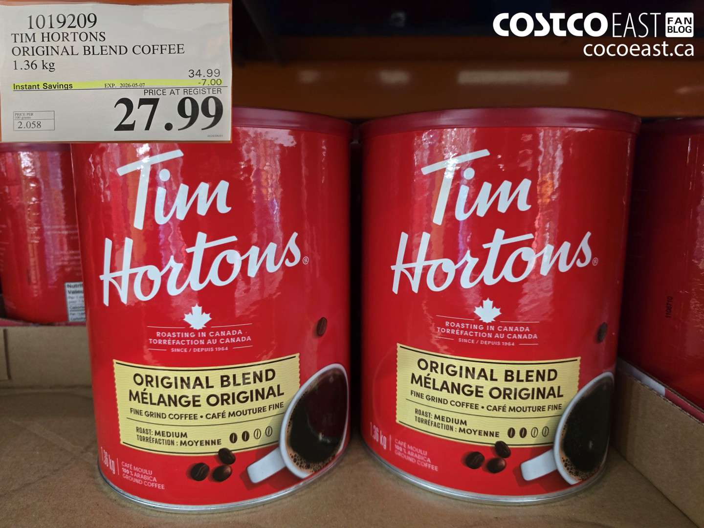1019209 TIM HORTONS ORIGINAL BLEND COFFEE 1.36 KG ($7.00 INSTANT SAVINGS EXPIRES ON 2026-05-07) $27.99