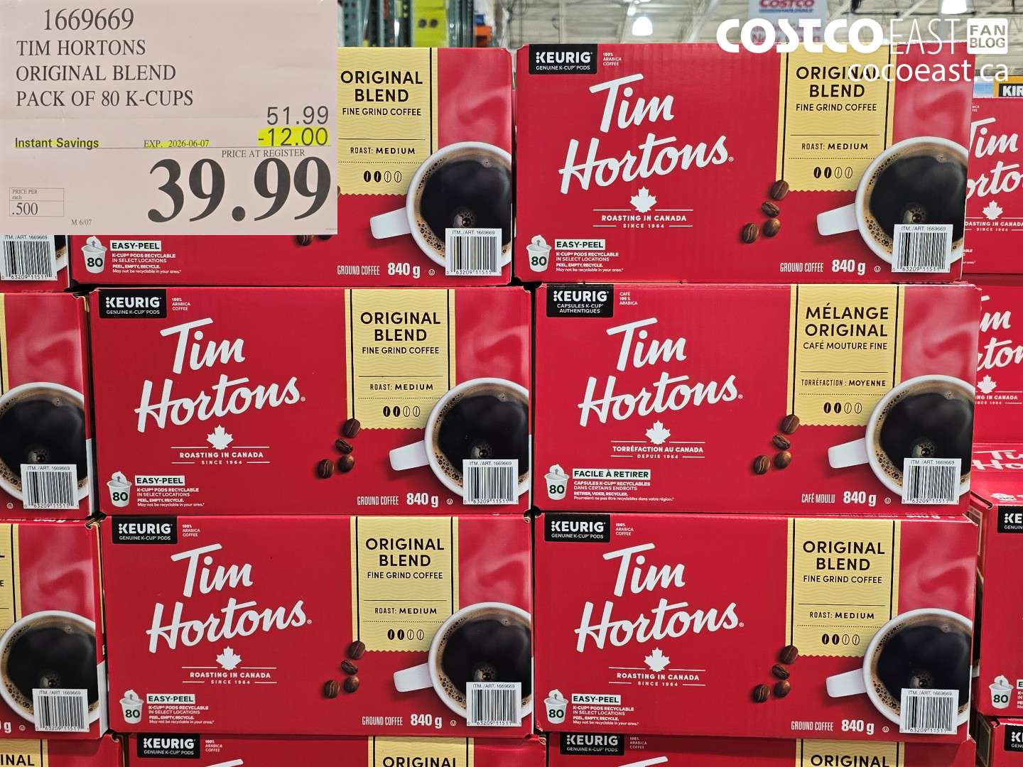 1669669 TIM HORTONS ORIGINAL BLEND PACK OF 80 K-CUPS ($12.00 INSTANT SAVINGS EXPIRES ON 2026-06-07) $39.99