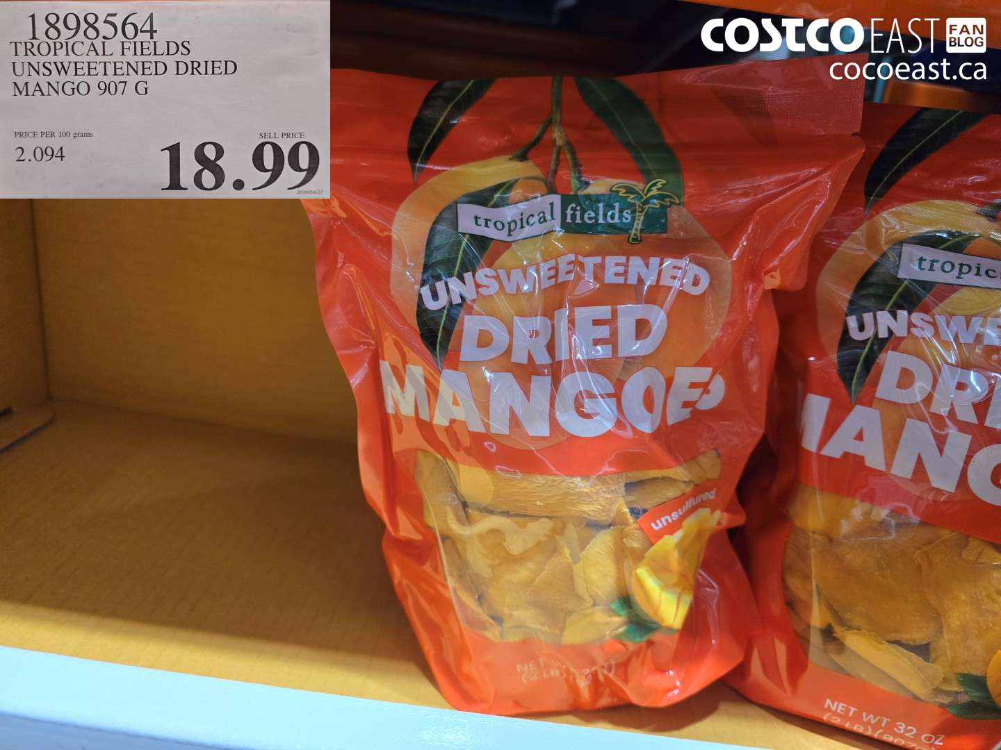 1898564 TROPICAL FIELDS UNSWEETENED DRIED MANGO 907 G $18.99