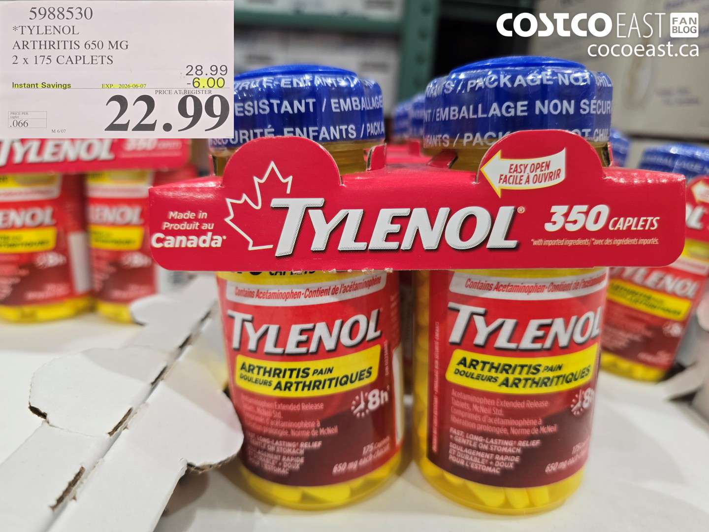 5988530 TYLENOL ARTHRITIS 650 MG 2 X 175 CAPLETS ($6.00 INSTANT SAVINGS EXPIRES ON 2026-06-07) $22.99