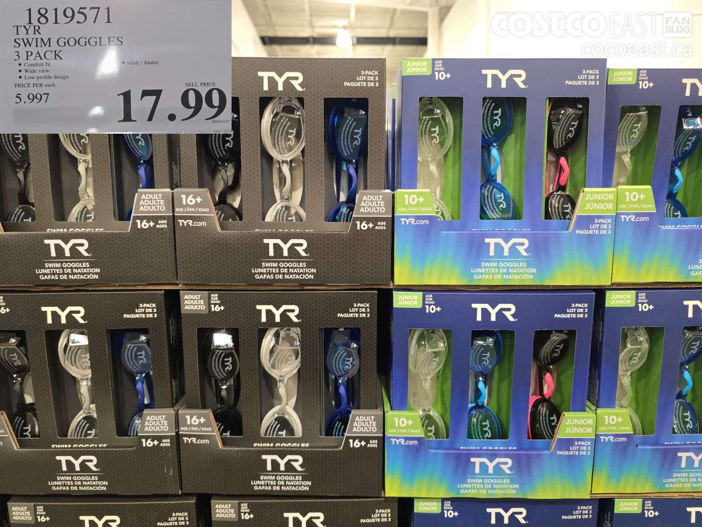 1819571 TYR SWIM GOGGLES 3 PACK $17.99