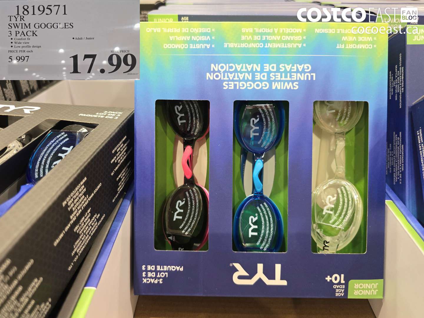 1819571 TYR SWIM GOGGLES 3 PACK $17.99