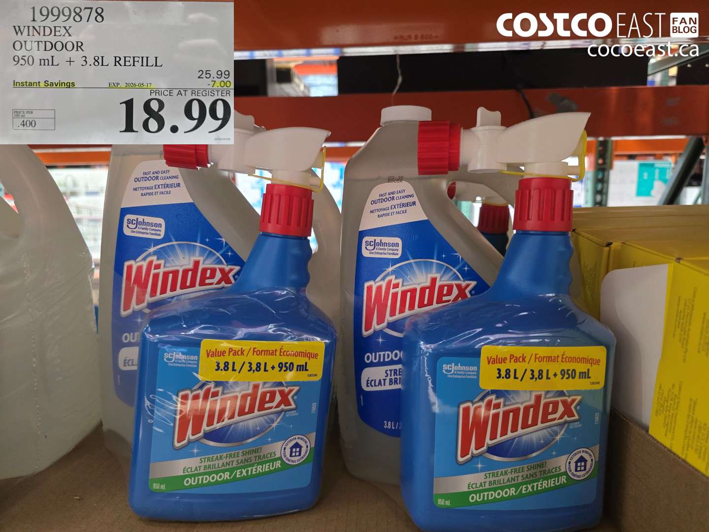 1999878 WINDEX OUTDOOR 950 ML + 3.8L REFILL ($7.00 INSTANT SAVINGS EXPIRES ON 2026-05-17) $18.99