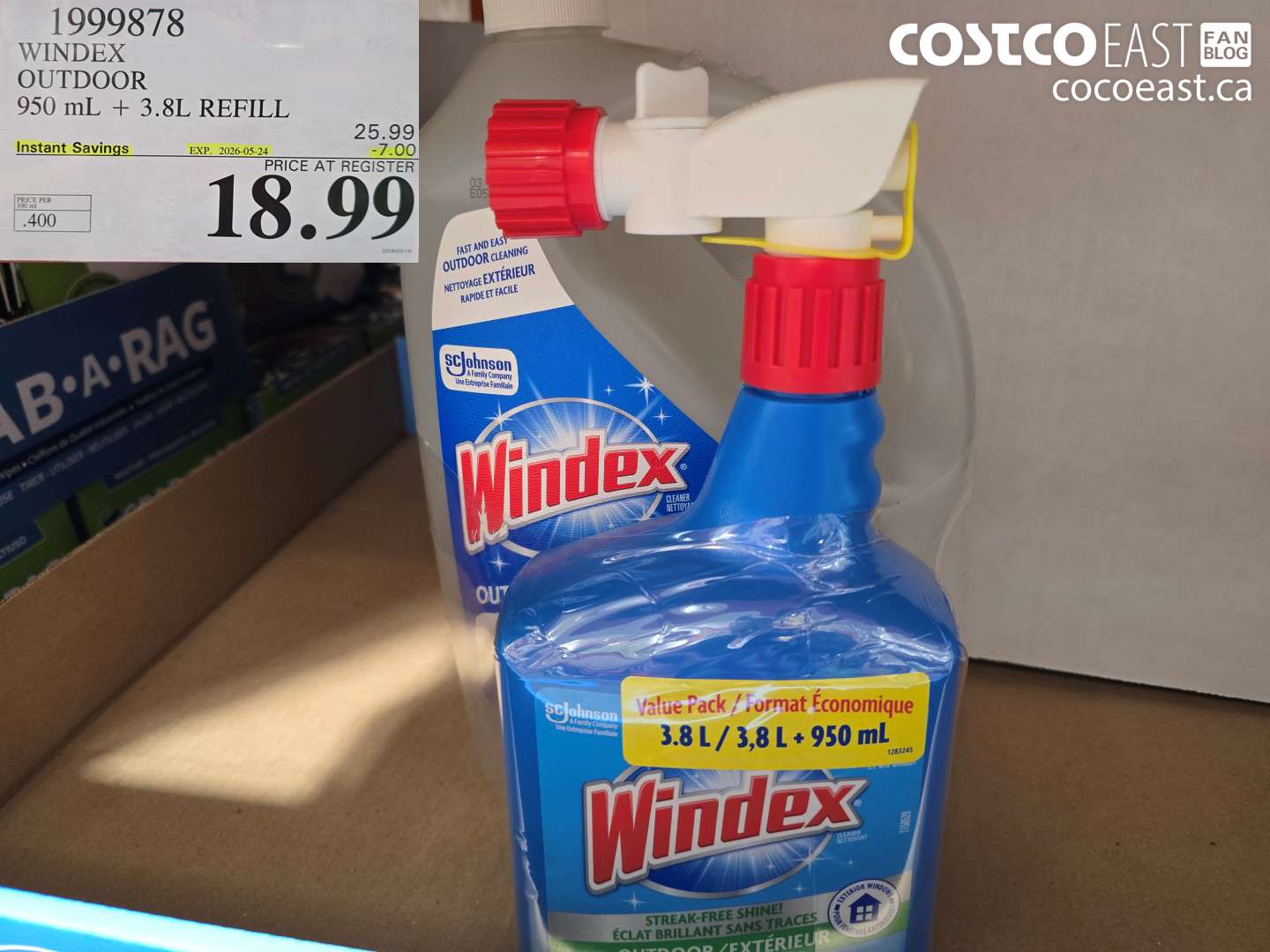 1999878 WINDEX OUTDOOR 950 ML + 3.8L REFILL ($7.00 INSTANT SAVINGS EXPIRES ON 2026-05-24) $18.99