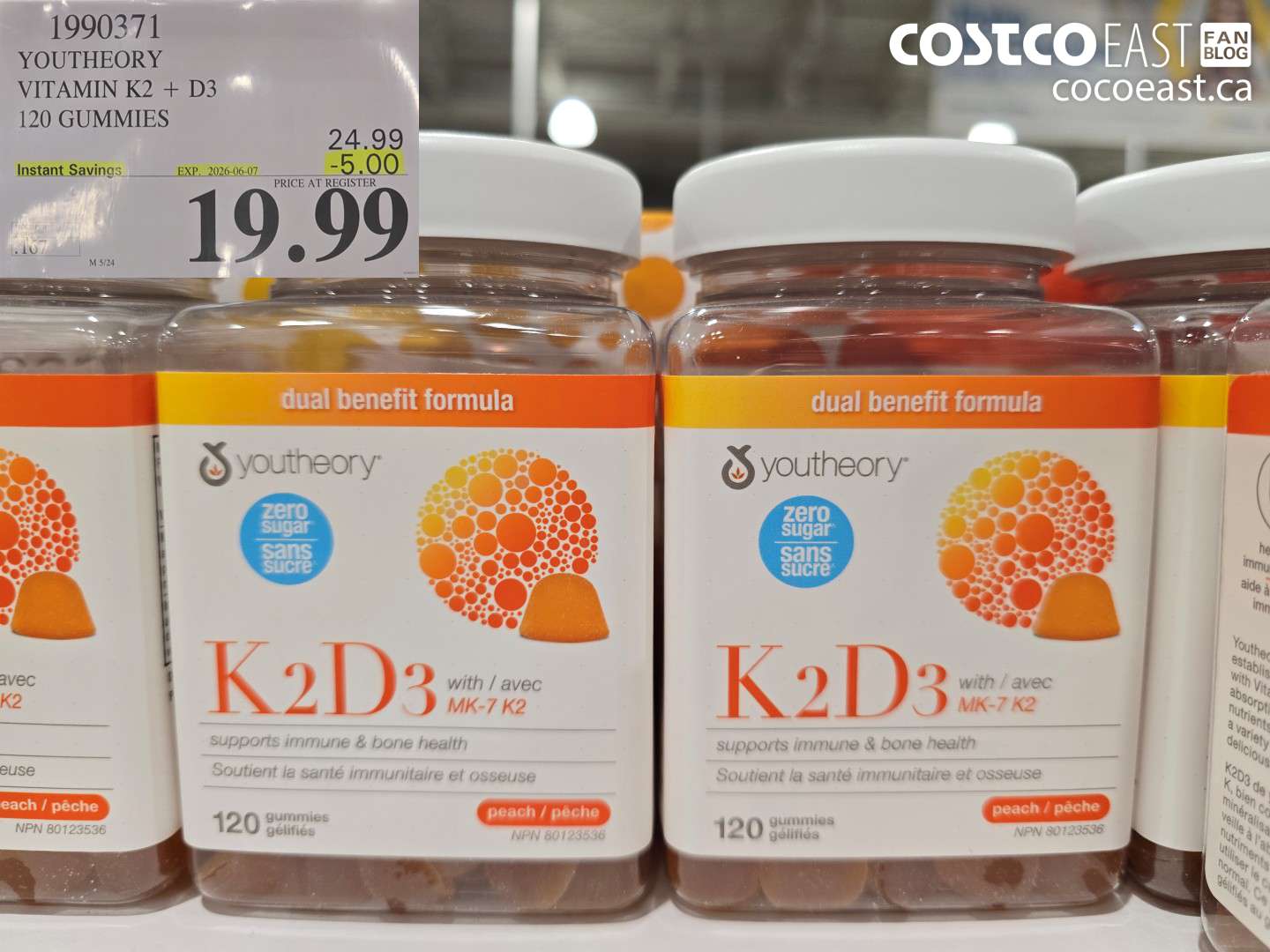 1990371 YOUTHEORY VITAMIN K2 + D3 120 GUMMIES ($5.00 INSTANT SAVINGS EXPIRES ON 2026-06-07) $19.99