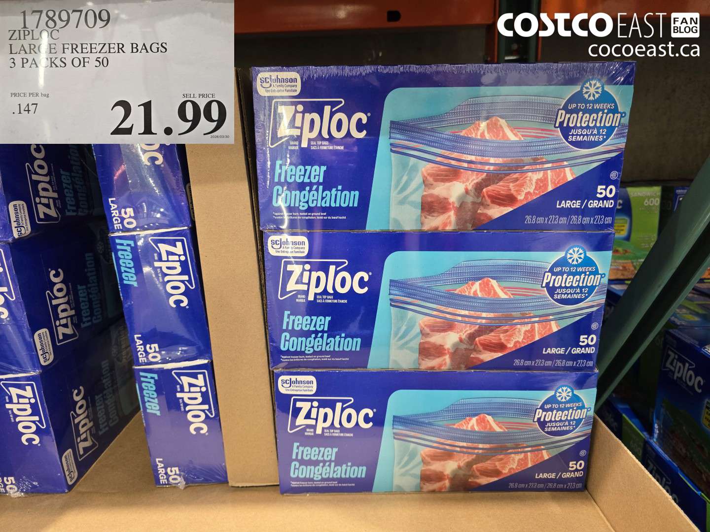 1789709 ZIPLOC LARGE FREEZER BAGS 3 PACKS OF 50 $21.99