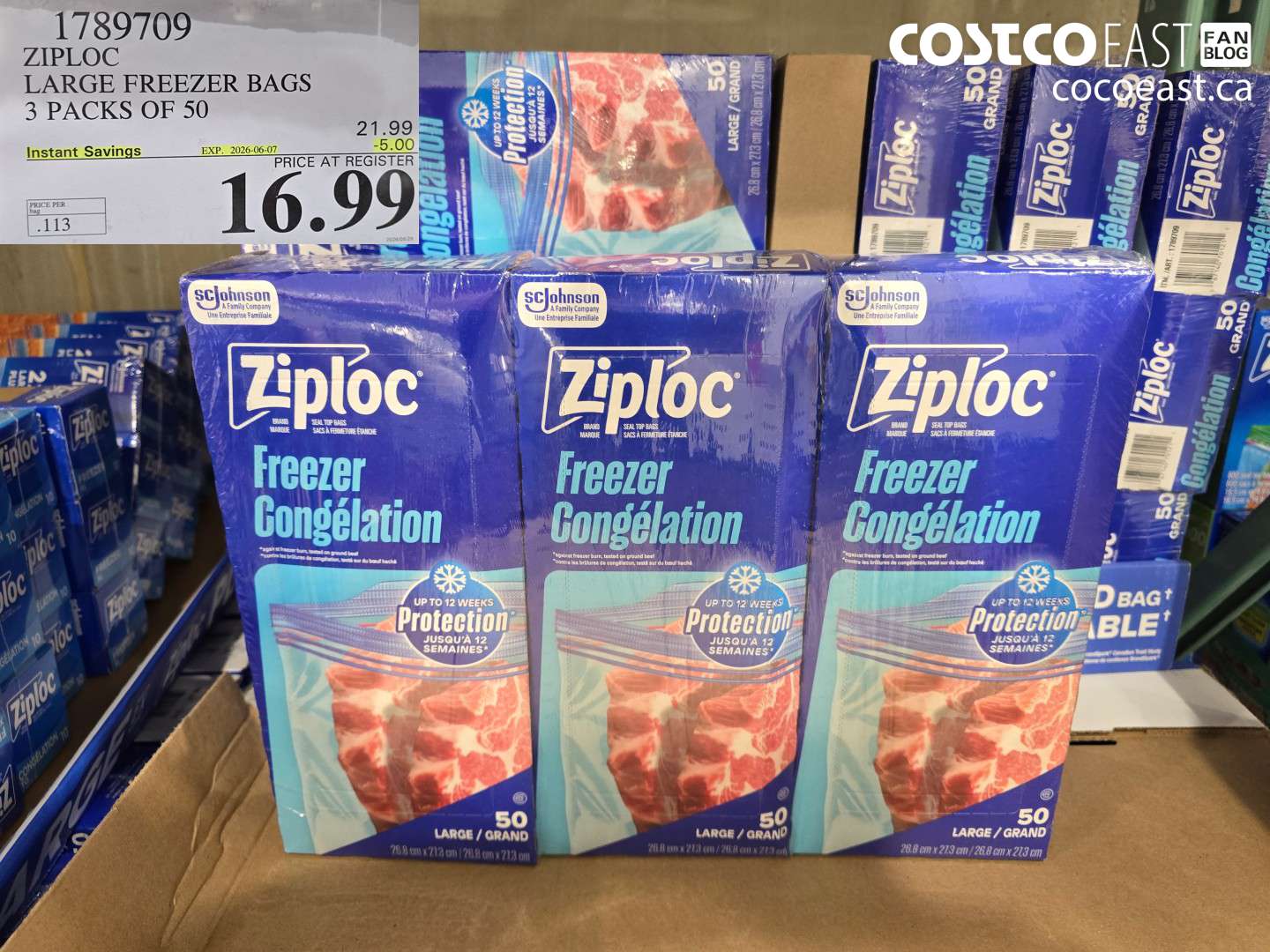 1789709 ZIPLOC LARGE FREEZER BAGS 3 PACKS OF 50 ($5.00 INSTANT SAVINGS EXPIRES ON 2026-06-07) $16.99