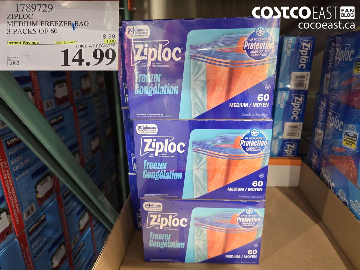 1789729 ZIPLOC MEDIUM FREEZER BAG 3 PACKS OF 60 ($4.00 INSTANT SAVINGS EXPIRES ON 2026-06-07) $14.99