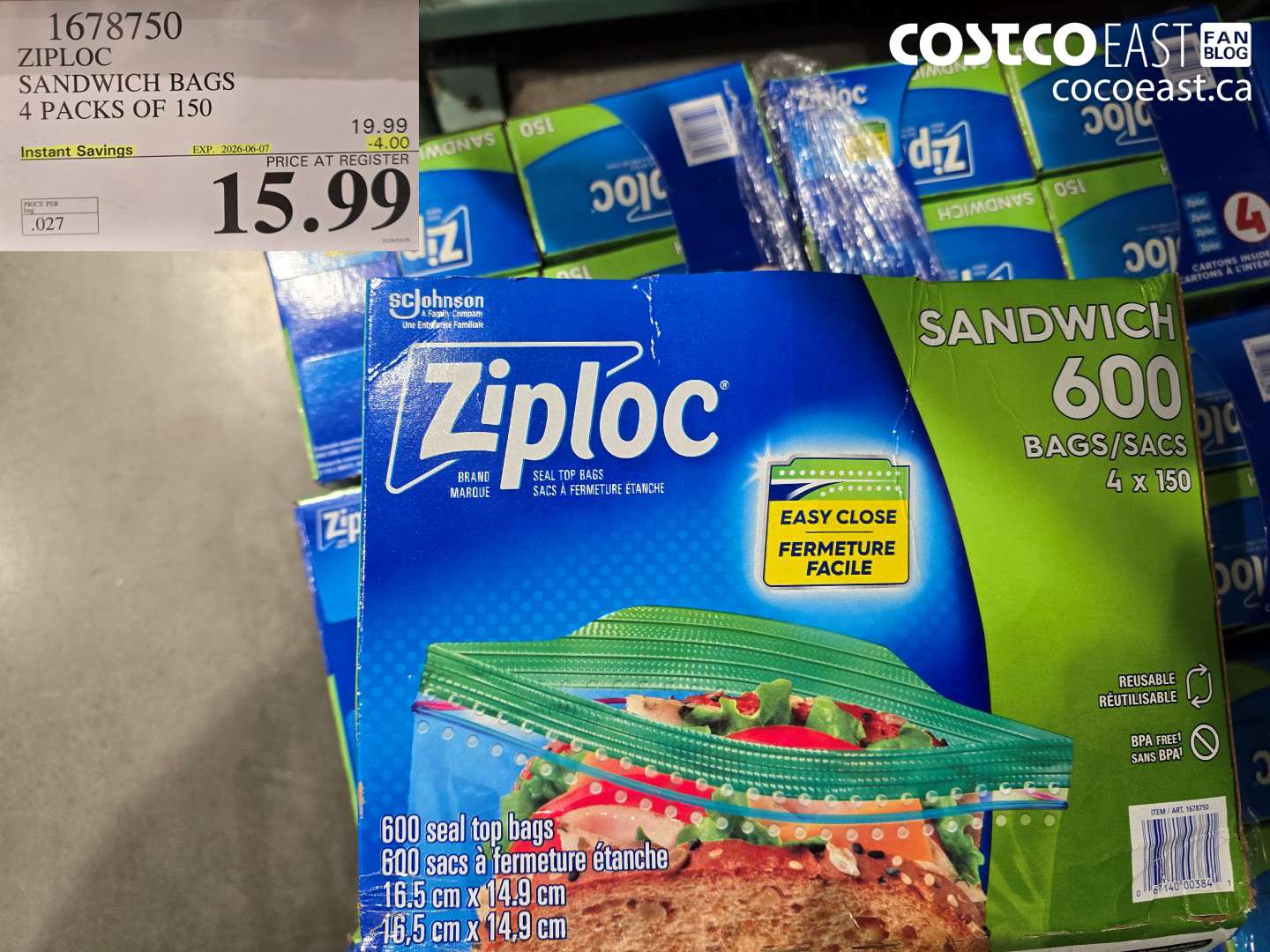 1678750 ZIPLOC SANDWICH BAGS 4 PACKS OF 150 ($4.00 INSTANT SAVINGS EXPIRES ON 2026-06-07) $15.99