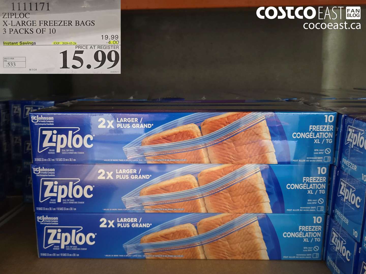 1111171 ZIPLOC X-LARGE FREEZER BAGS 3 PACKS OF 10 ($4.00 INSTANT SAVINGS EXPIRES ON 2026-05-24) $15.99