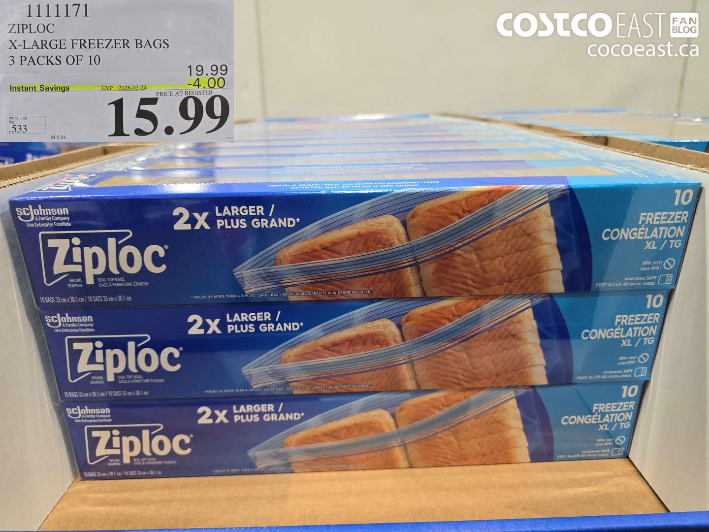 1111171 ZIPLOC X-LARGE FREEZER BAGS 3 PACKS OF 10 ($4.00 INSTANT SAVINGS EXPIRES ON 2026-05-24) $15.99