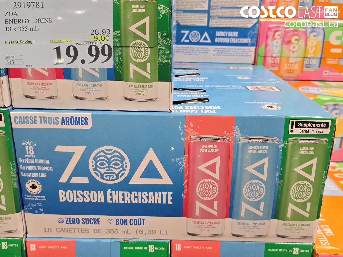 2919781 ZOA ENERGY DRINK 18 X 355 ML ($9.00 INSTANT SAVINGS EXPIRES ON 2026-05-24) $19.99