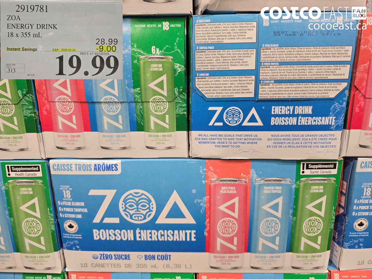 2919781 ZOA ENERGY DRINK 18 X 355 ML ($9.00 INSTANT SAVINGS EXPIRES ON 2026-05-24) $19.99