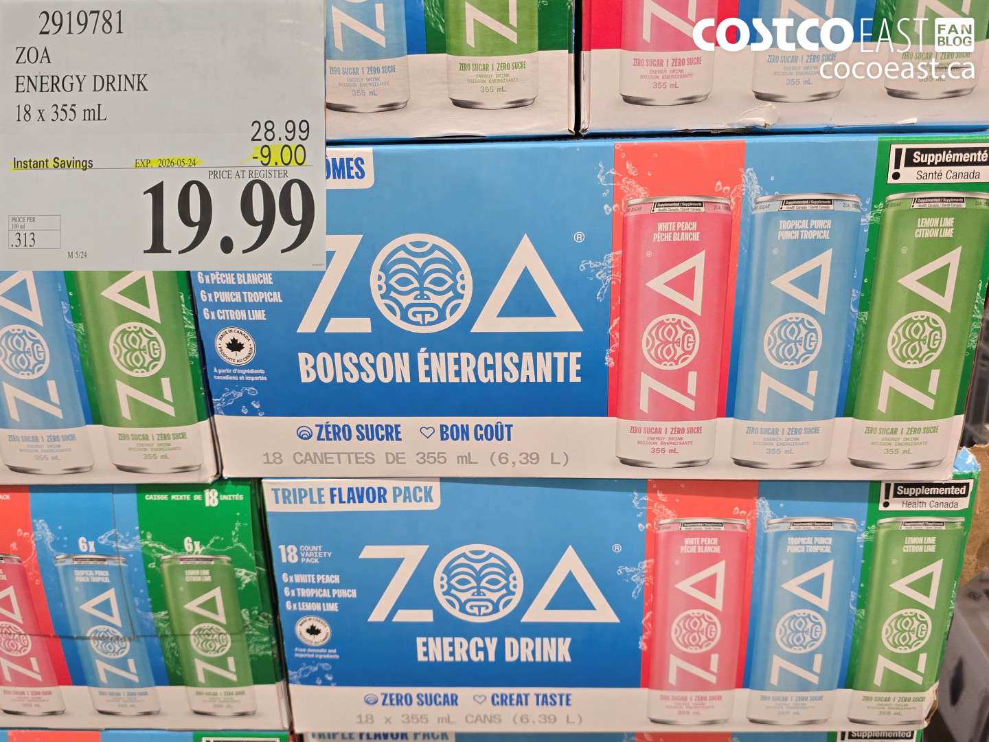 2919781 ZOA ENERGY DRINK 18 X 355 ML ($9.00 INSTANT SAVINGS EXPIRES ON 2026-05-24) $19.99
