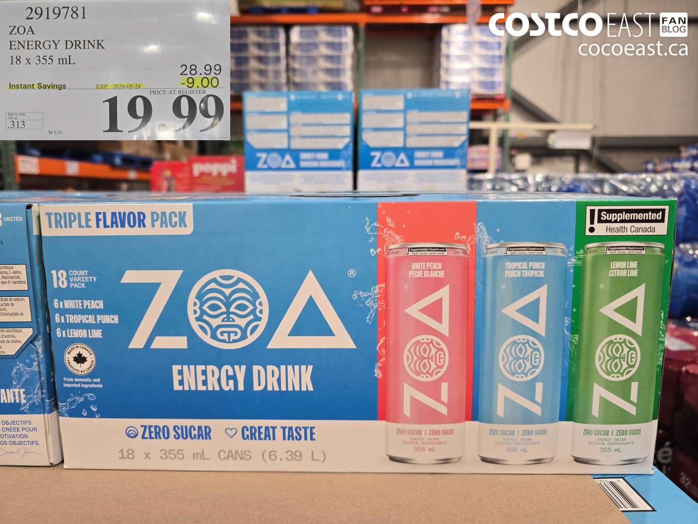 2919781 ZOA ENERGY DRINK 18 X 355 ML ($9.00 INSTANT SAVINGS EXPIRES ON 2026-05-24) $19.99