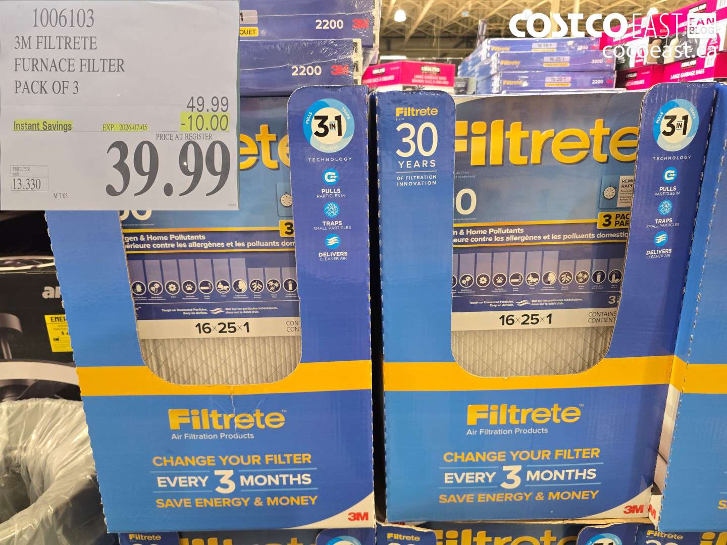1006103 3M FILTRETE FURNACE FILTER PACK OF 3 ($10.00 INSTANT SAVINGS EXPIRES ON 2026-07-05) $39.99