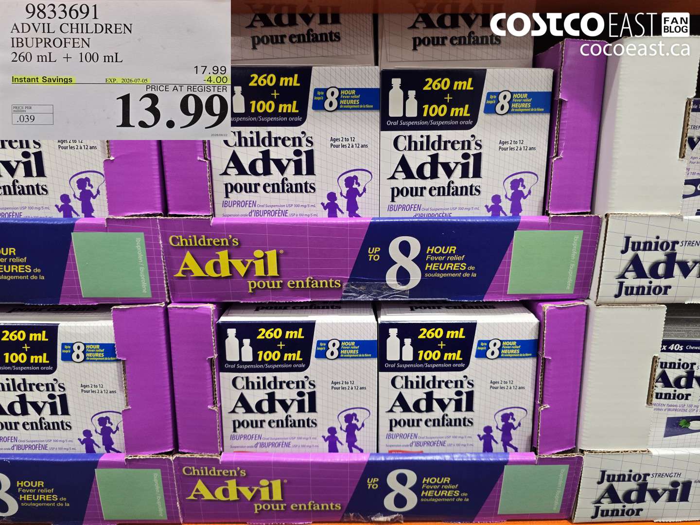 9833691 ADVIL CHILDREN IBUPROFEN 260 ML + 100 ML ($4.00 INSTANT SAVINGS EXPIRES ON 2026-07-05) $13.99