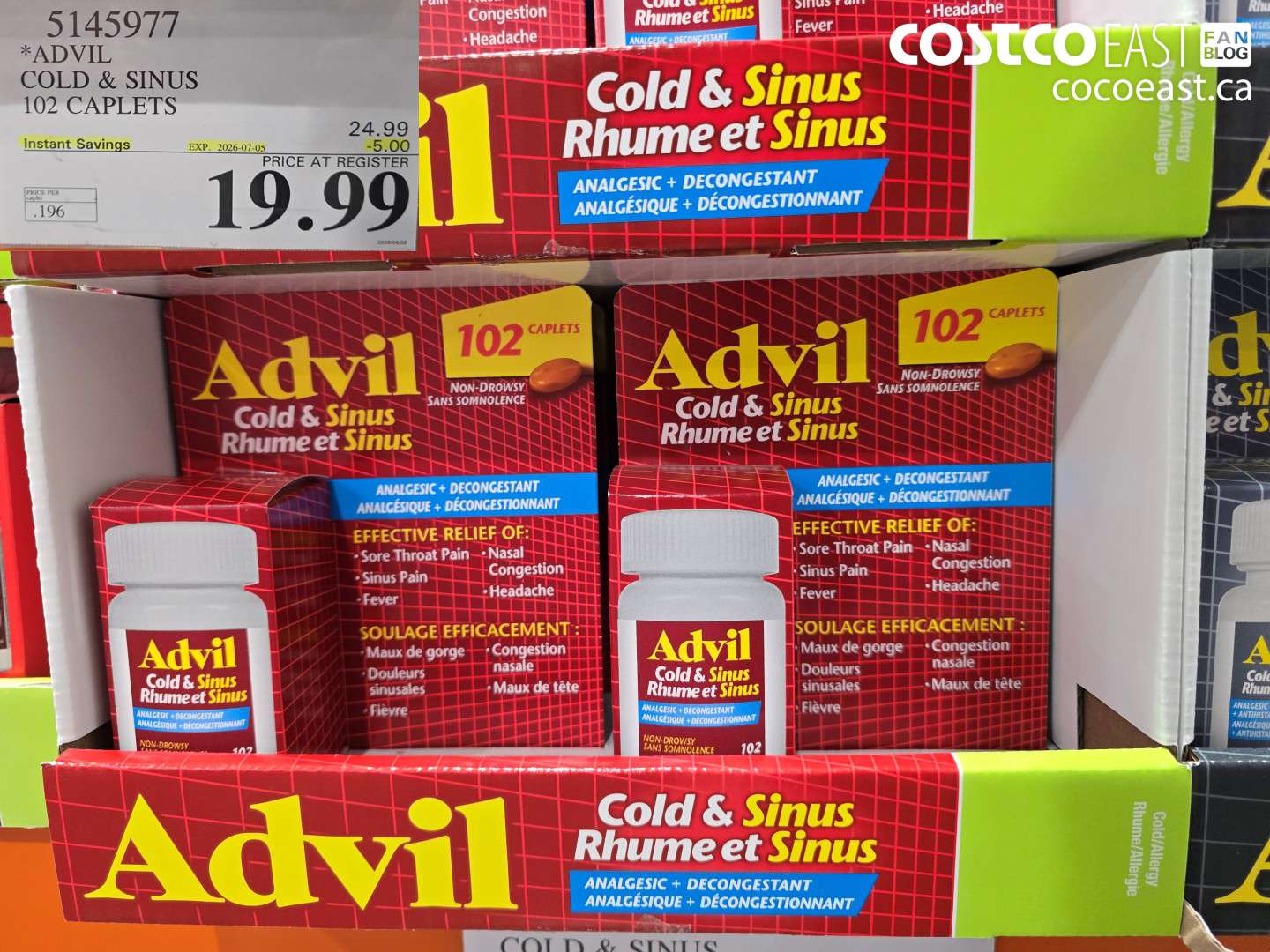 5145977 ADVIL COLD & SINUS 102 CAPLETS ($5.00 INSTANT SAVINGS EXPIRES ON 2026-07-05) $19.99