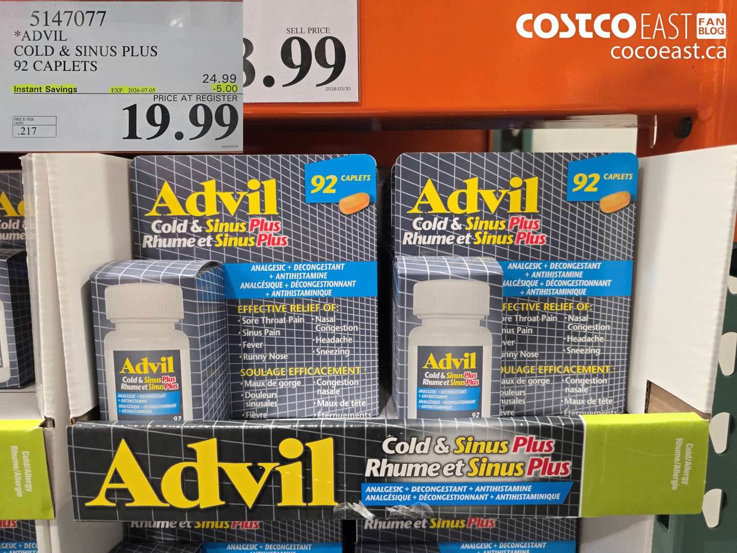 5147077 ADVIL COLD & SINUS PLUS 92 CAPLETS ($5.00 INSTANT SAVINGS EXPIRES ON 2026-07-05) $19.99