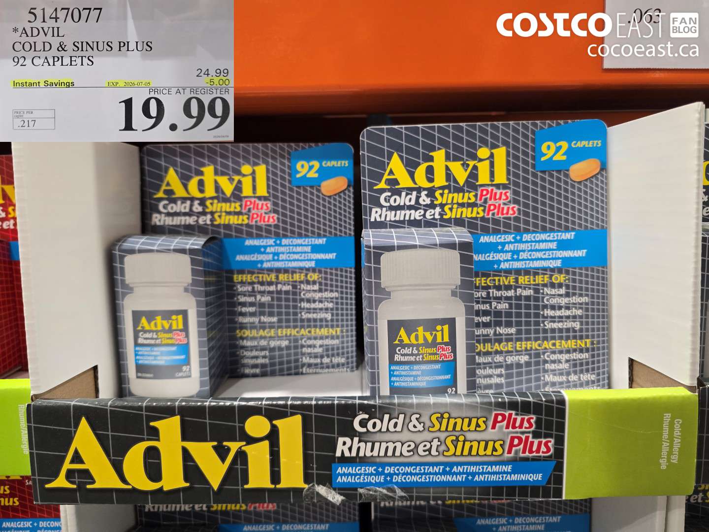 5147077 ADVIL COLD & SINUS PLUS 92 CAPLETS ($5.00 INSTANT SAVINGS EXPIRES ON 2026-07-05) $19.99