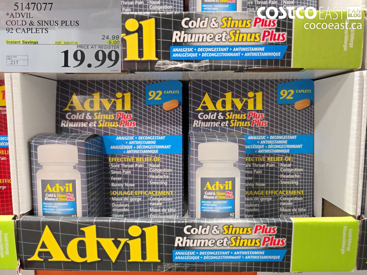 5147077 ADVIL COLD & SINUS PLUS 92 CAPLETS ($5.00 INSTANT SAVINGS EXPIRES ON 2026-07-05) $19.99