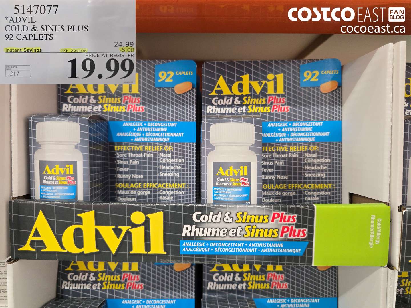 5147077 ADVIL COLD & SINUS PLUS 92 CAPLETS ($5.00 INSTANT SAVINGS EXPIRES ON 2026-07-05) $19.99