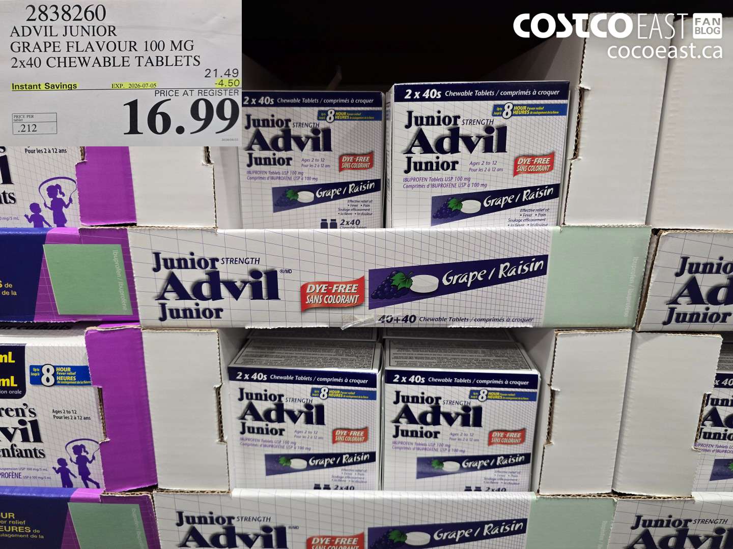 2838260 ADVIL JUNIOR GRAPE FLAVOUR 100 MG 2X40 CHEWABLE TABLETS ($4.50 INSTANT SAVINGS EXPIRES ON 2026-07-05) $16.99