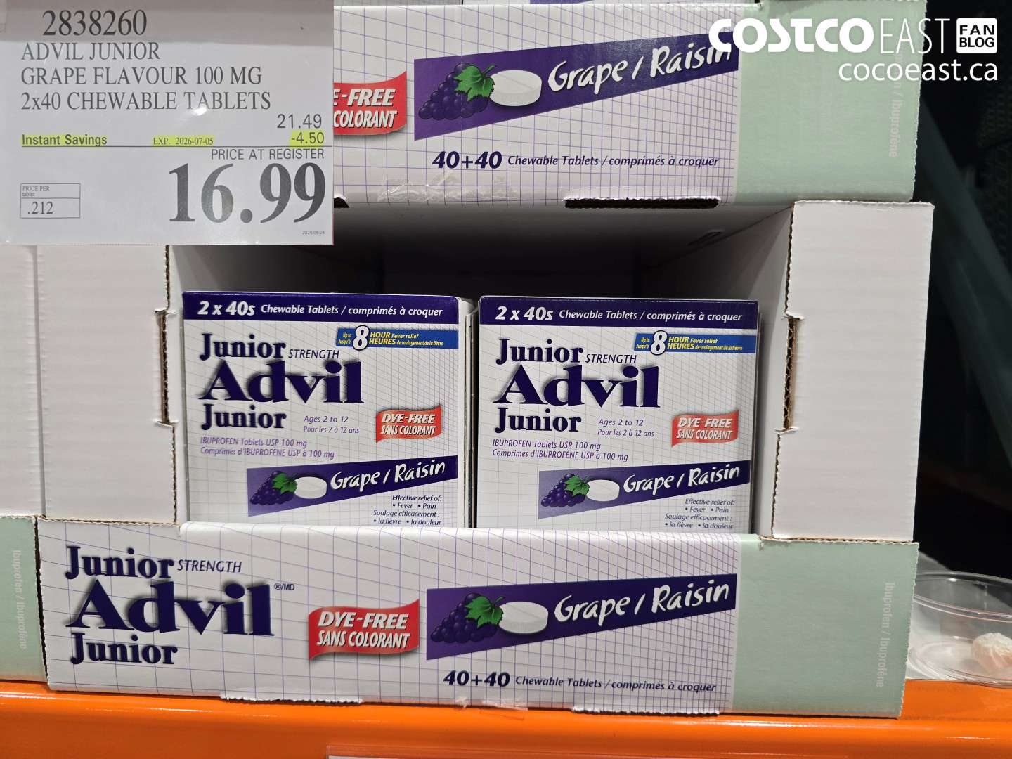 2838260 ADVIL JUNIOR GRAPE FLAVOUR 100 MG 2X40 CHEWABLE TABLETS ($4.50 INSTANT SAVINGS EXPIRES ON 2026-07-05) $16.99