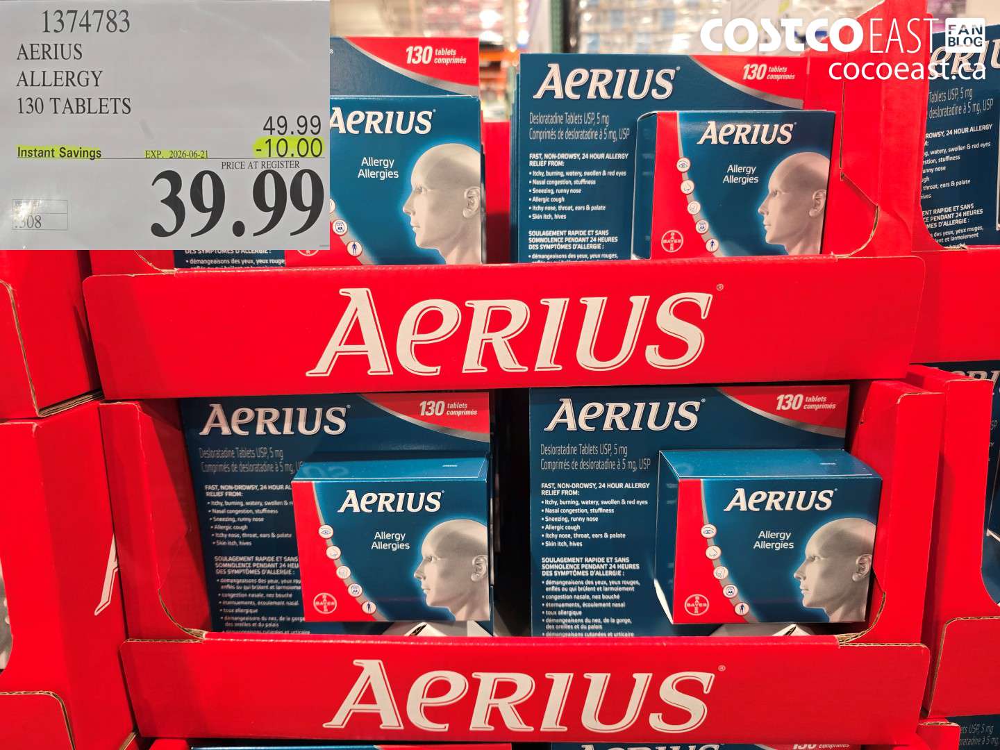 1374783 AERIUS ALLERGY 130 TABLETS ($10.00 INSTANT SAVINGS EXPIRES ON 2026-06-21) $39.99