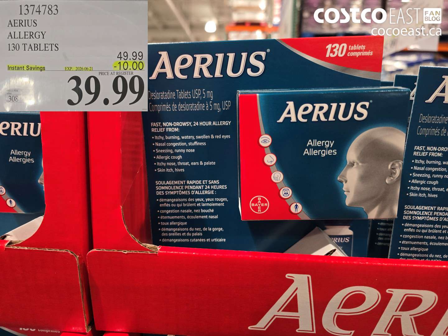 1374783 AERIUS ALLERGY 130 TABLETS ($10.00 INSTANT SAVINGS EXPIRES ON 2026-06-21) $39.99