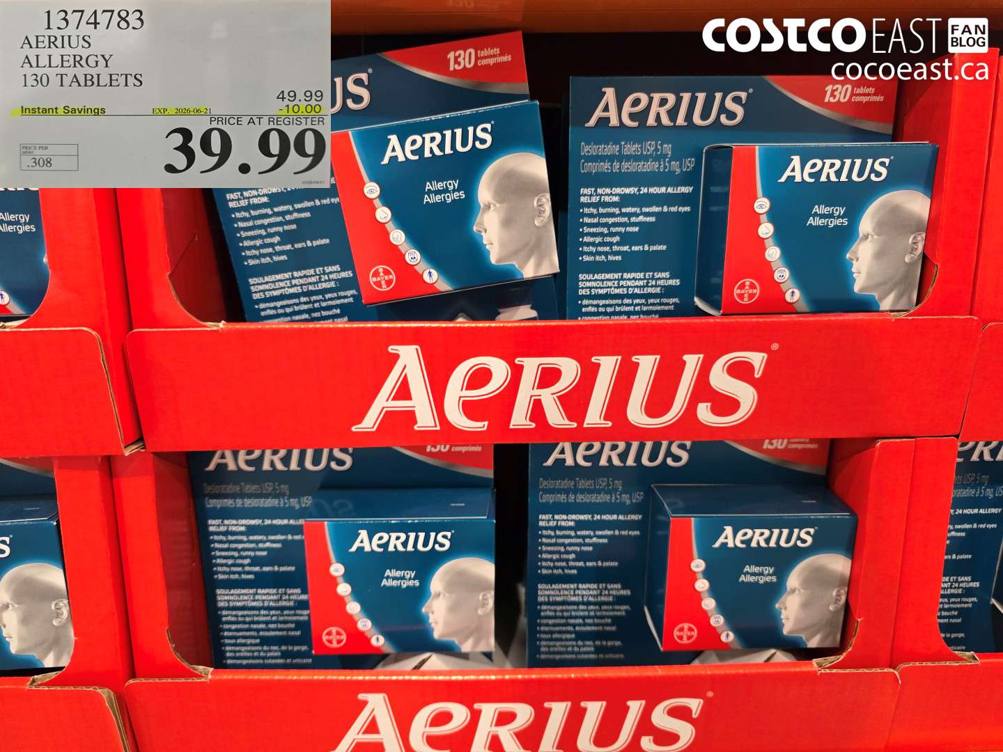 1374783 AERIUS ALLERGY 130 TABLETS ($10.00 INSTANT SAVINGS EXPIRES ON 2026-06-21) $39.99