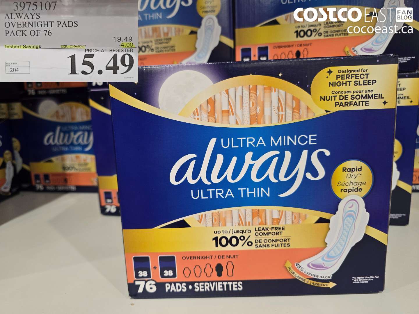 3975107 ALWAYS OVERNIGHT PADS PACK OF 76 ($4.00 INSTANT SAVINGS EXPIRES ON 2026-06-07) $15.49