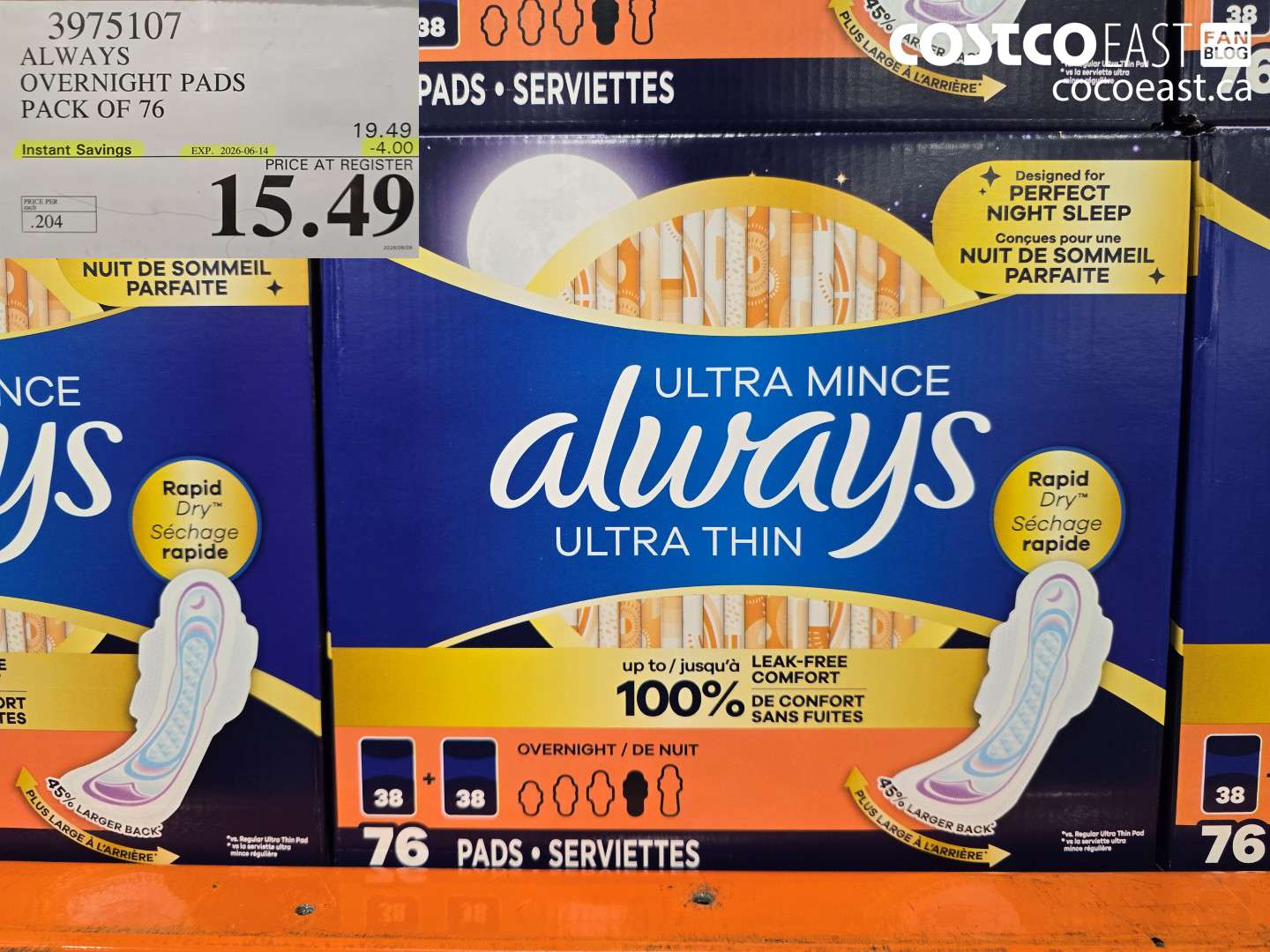 3975107 ALWAYS OVERNIGHT PADS PACK OF 76 ($4.00 INSTANT SAVINGS EXPIRES ON 2026-06-14) $15.49