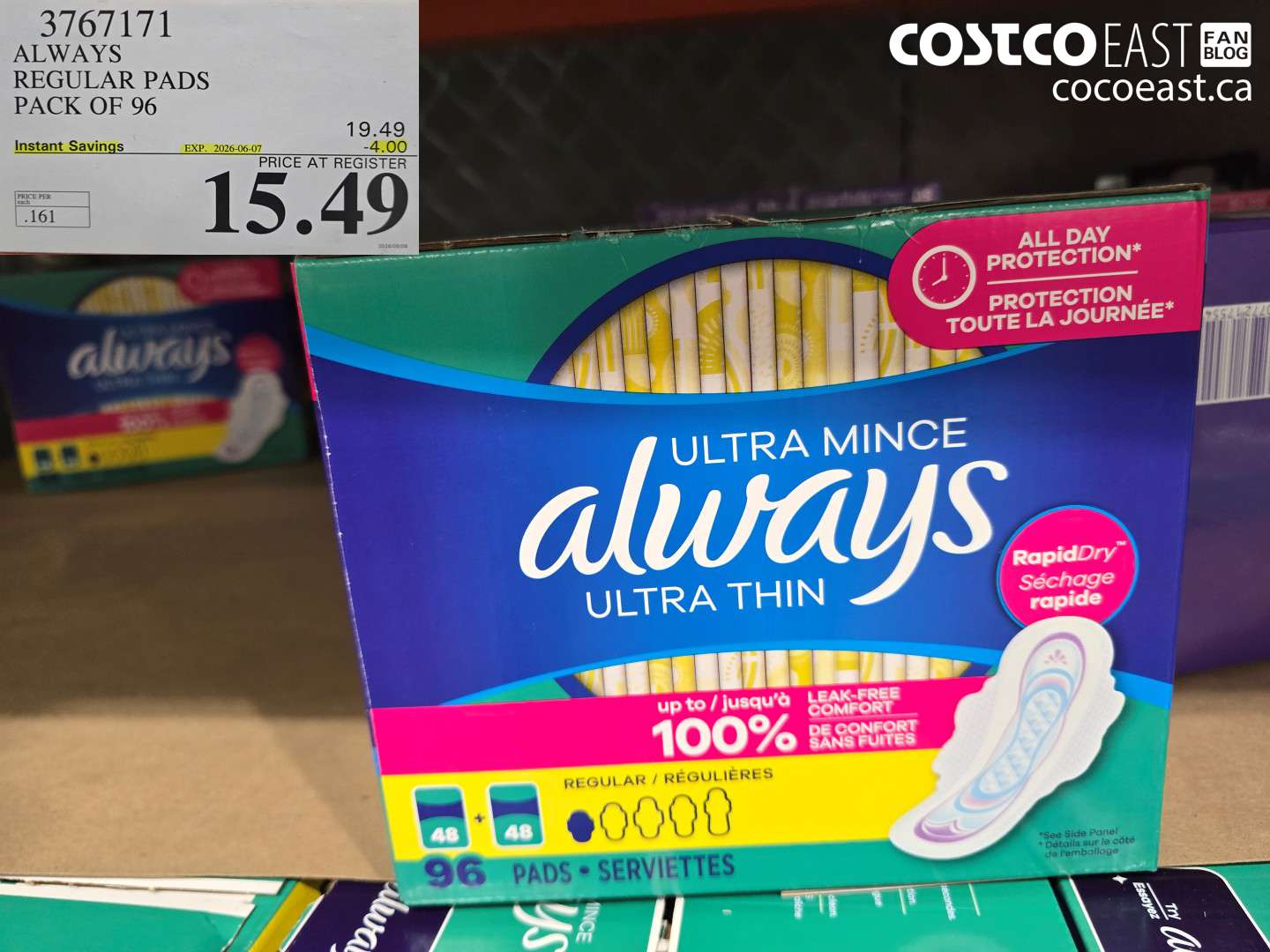 3767171 ALWAYS REGULAR PADS PACK OF 96 ($4.00 INSTANT SAVINGS EXPIRES ON 2026-06-07) $15.49
