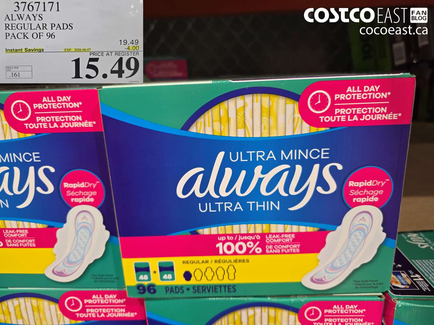 3767171 ALWAYS REGULAR PADS PACK OF 96 ($4.00 INSTANT SAVINGS EXPIRES ON 2026-06-07) $15.49
