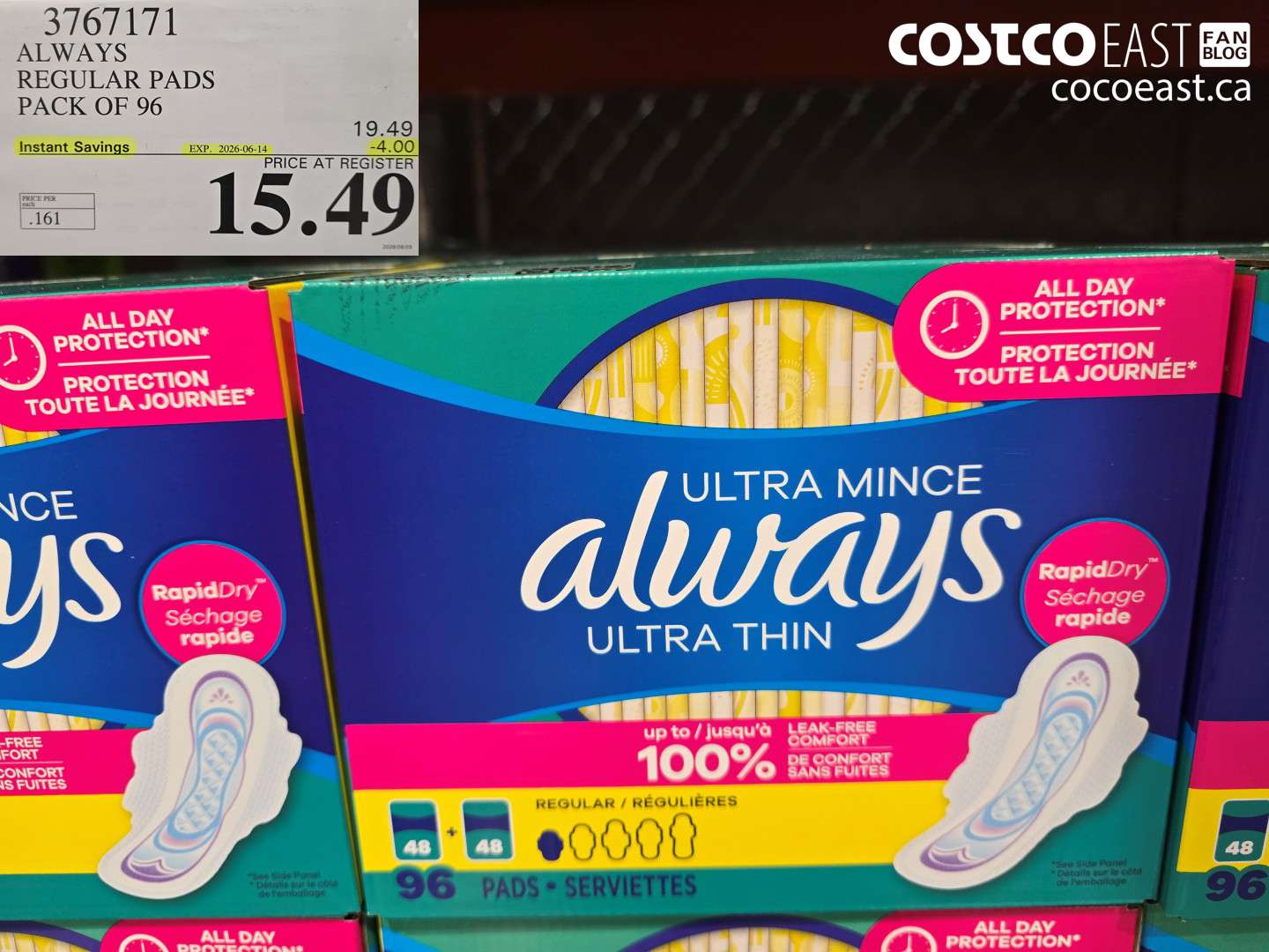 3767171 ALWAYS REGULAR PADS PACK OF 96 ($4.00 INSTANT SAVINGS EXPIRES ON 2026-06-14) $15.49