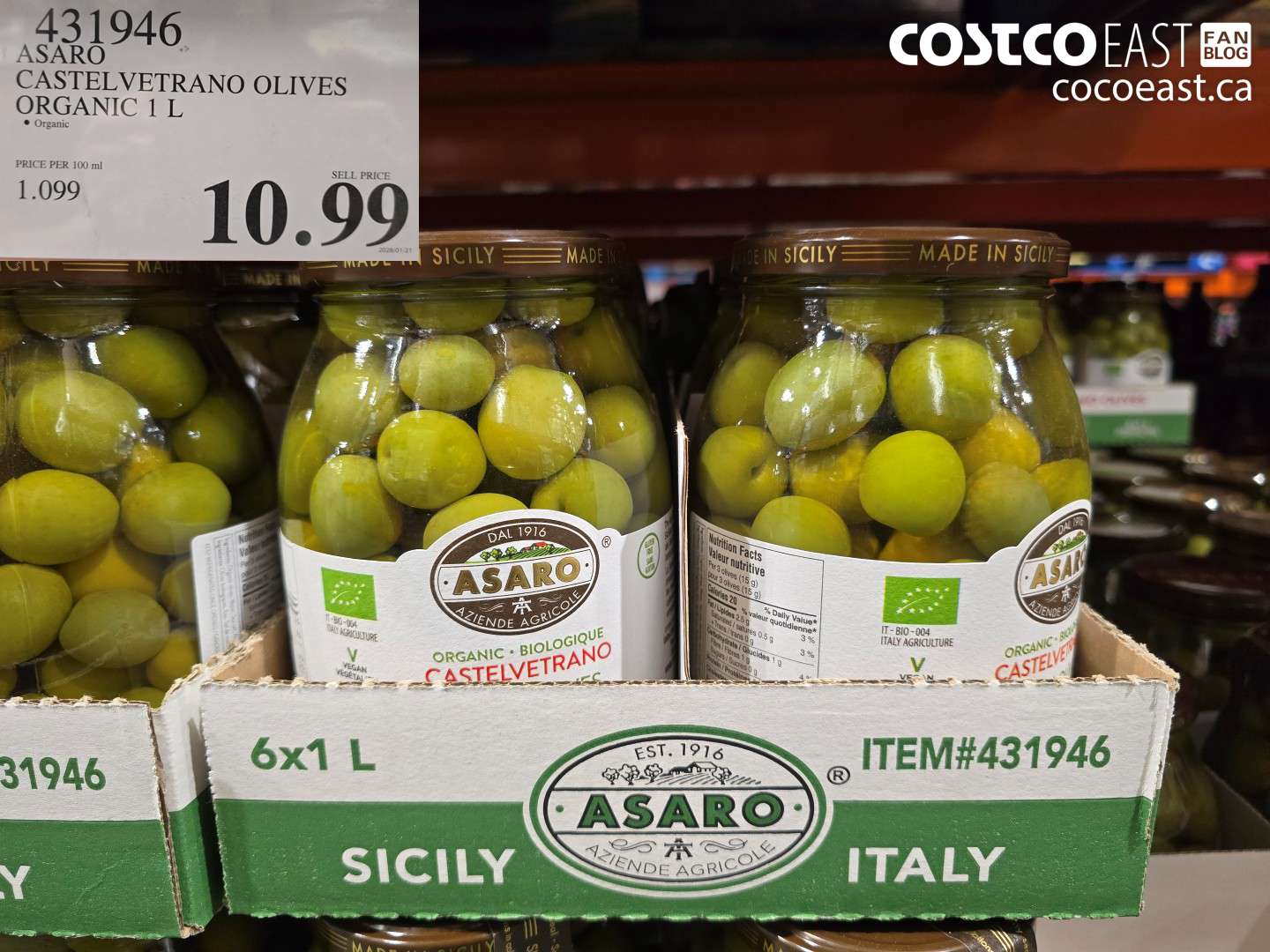 431946 ASARO CASTELVETRANO OLIVES ORGANIC 1 L $10.99