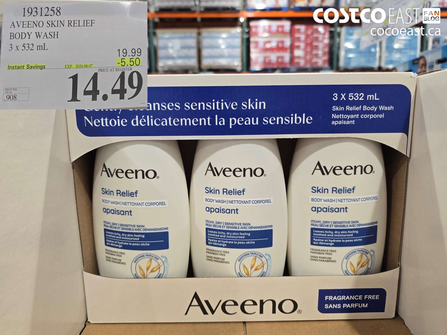 1931258 AVEENO SKIN RELIEF BODY WASH 3 X 532 ML ($5.50 INSTANT SAVINGS EXPIRES ON 2026-06-07) $14.49