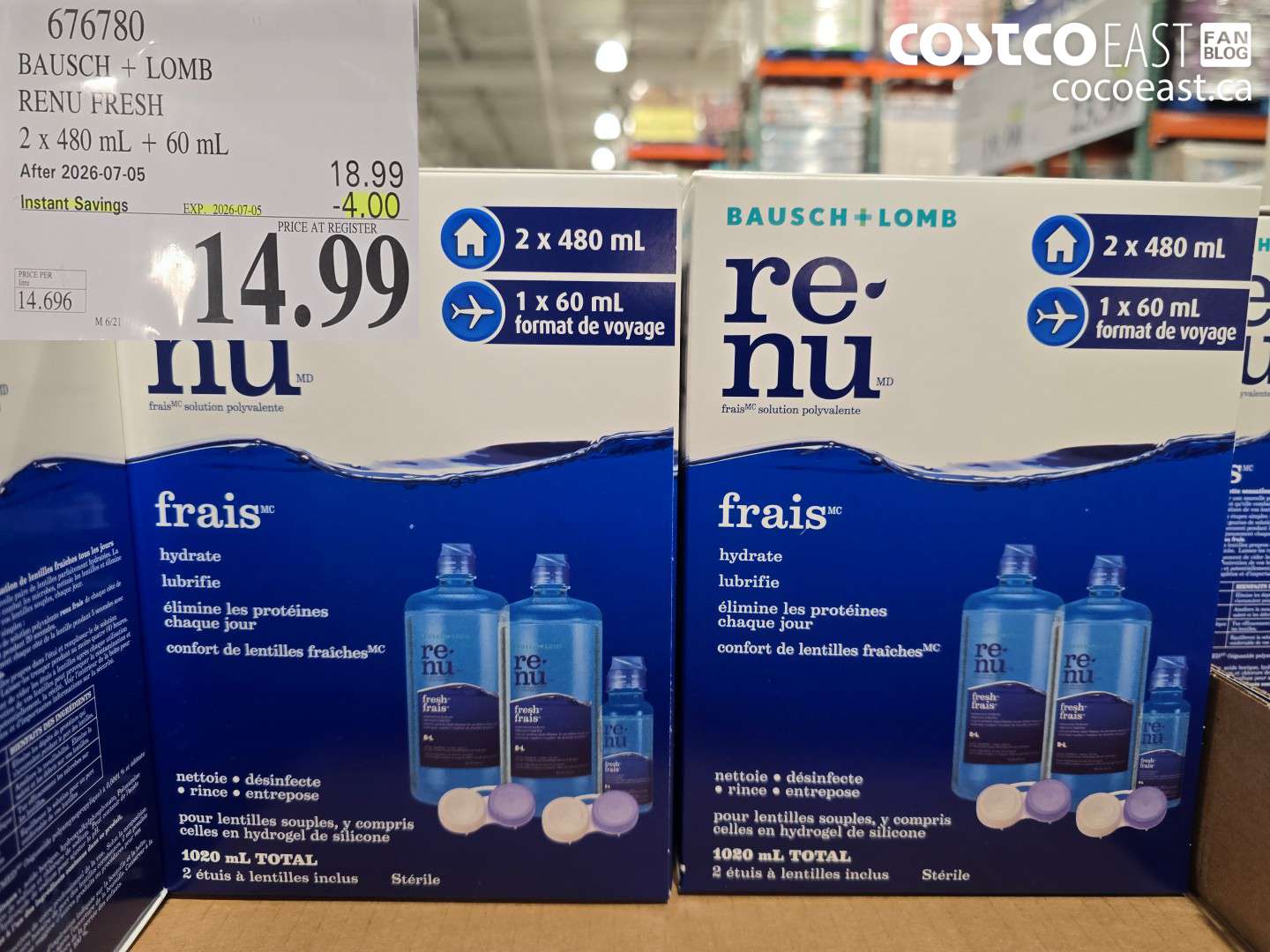 676780 BAUSCH + LOMB RENU FRESH 2 X 480 ML + 60 ML ($4.00 INSTANT SAVINGS EXPIRES ON 2026-07-05) $14.99
