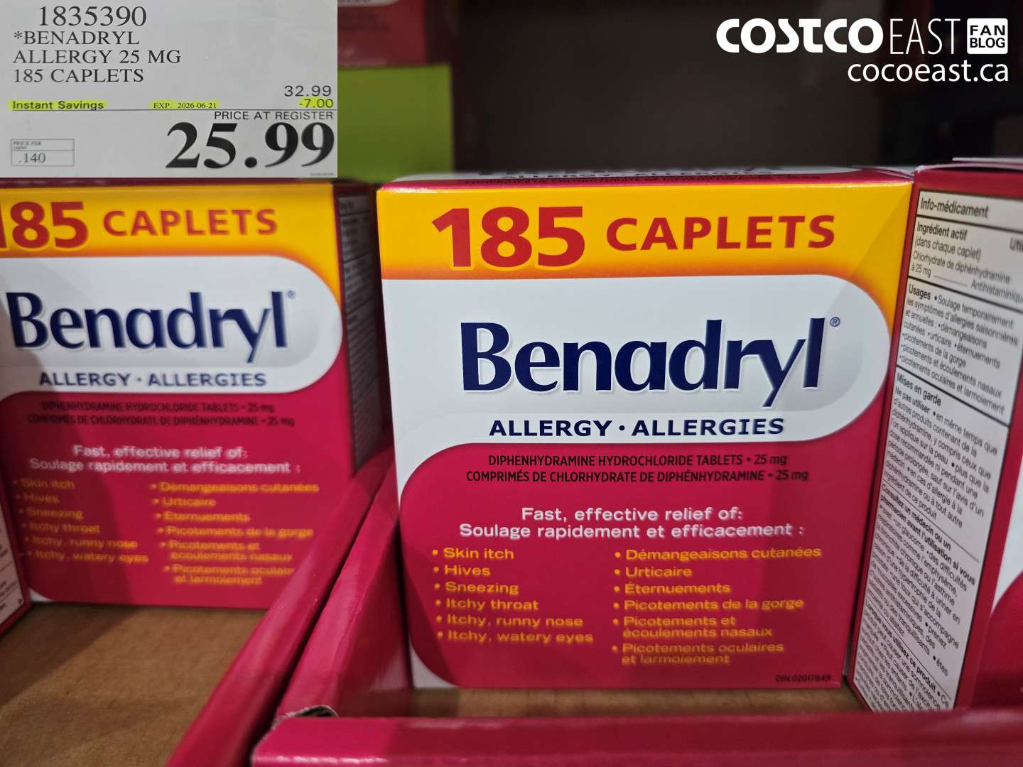 1835390 BENADRYL ALLERGY 25 MG 185 CAPLETS ($7.00 INSTANT SAVINGS EXPIRES ON 2026-06-21) $25.99