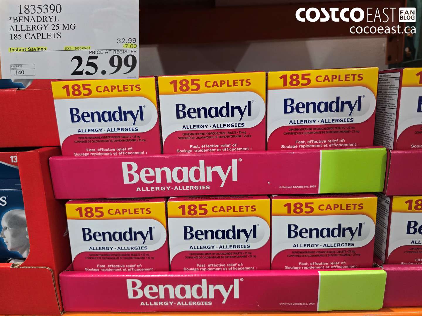 1835390 BENADRYL ALLERGY 25 MG 185 CAPLETS ($7.00 INSTANT SAVINGS EXPIRES ON 2026-06-21) $25.99