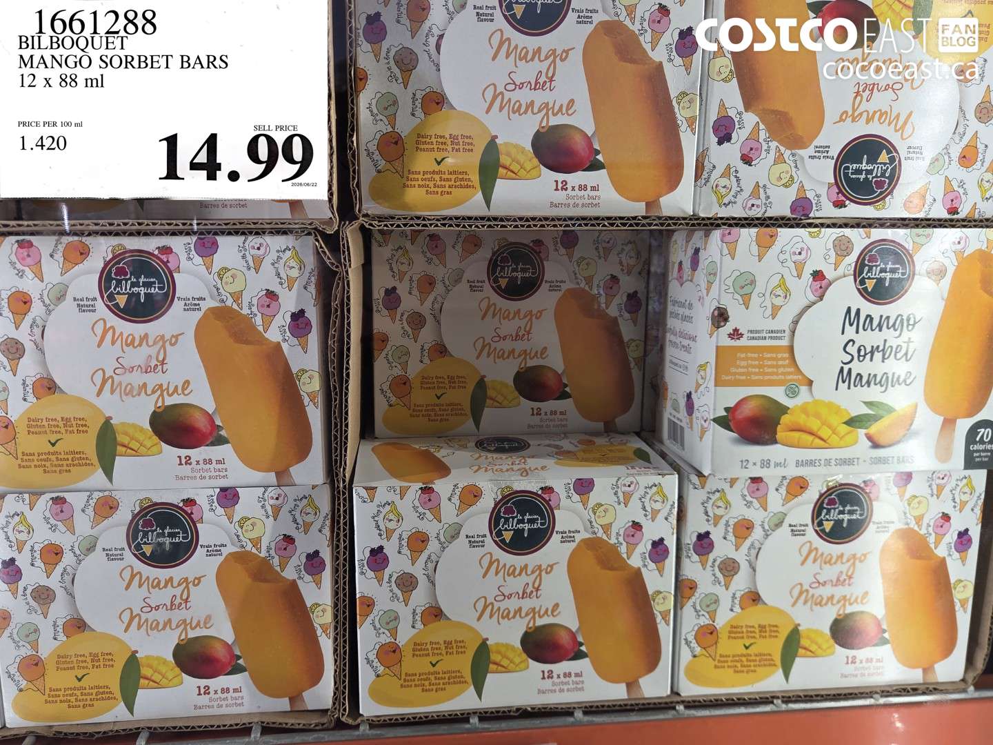 1661288 BILBOQUET MANGO SORBET BARS 12 X 88 ML $14.99
