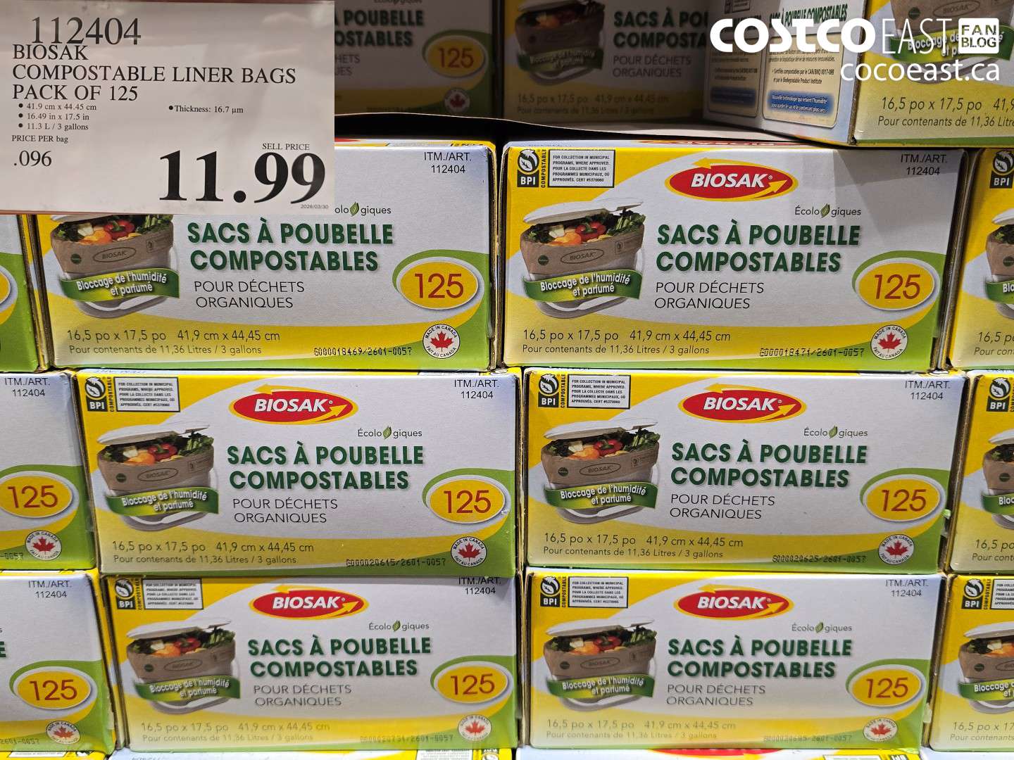 112404 BIOSAK COMPOSTABLE LINER BAGS PACK OF 125 $11.99