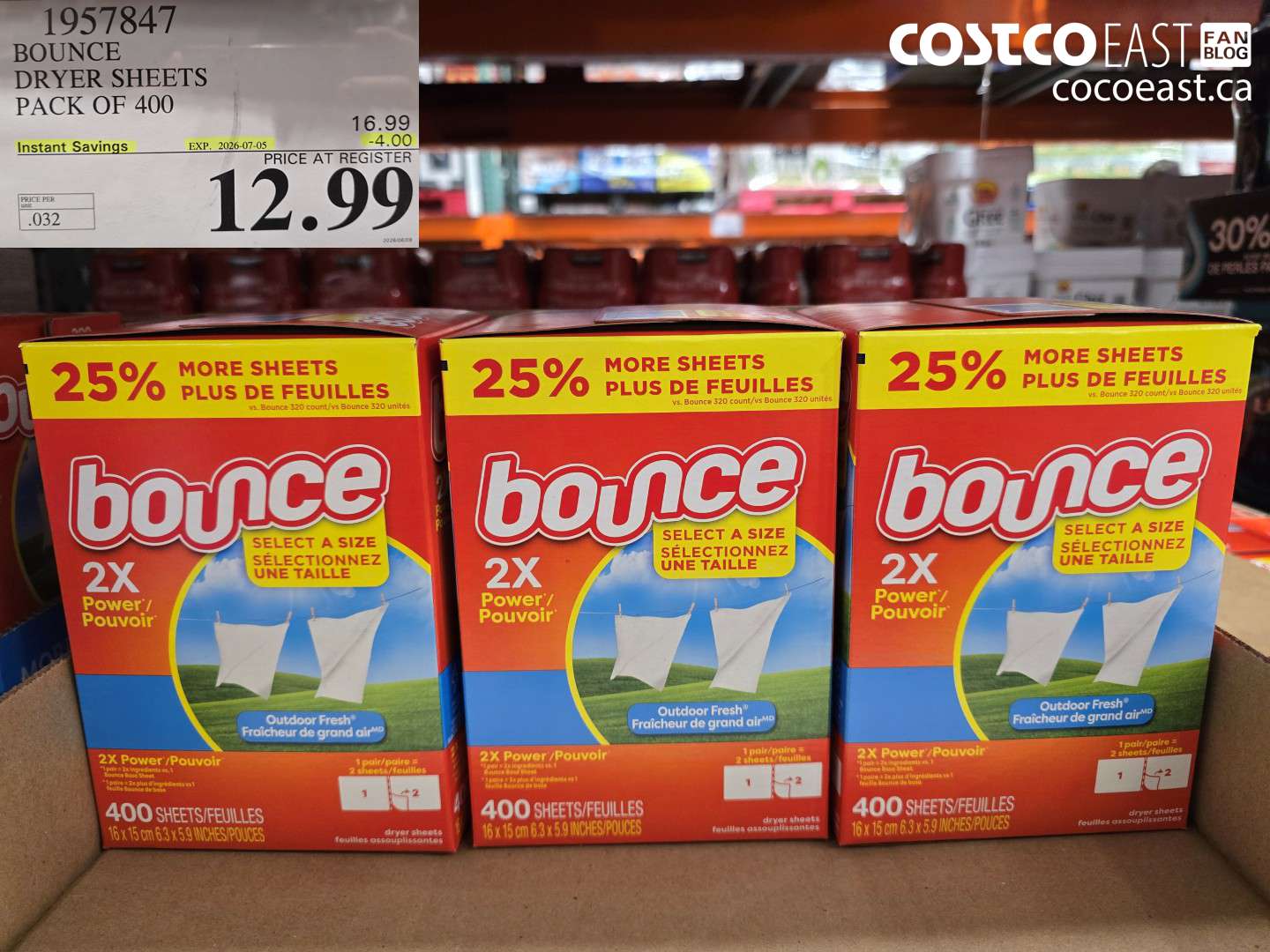 1957847 BOUNCE DRYER SHEETS PACK OF 400 ($4.00 INSTANT SAVINGS EXPIRES ON 2026-07-05) $12.99