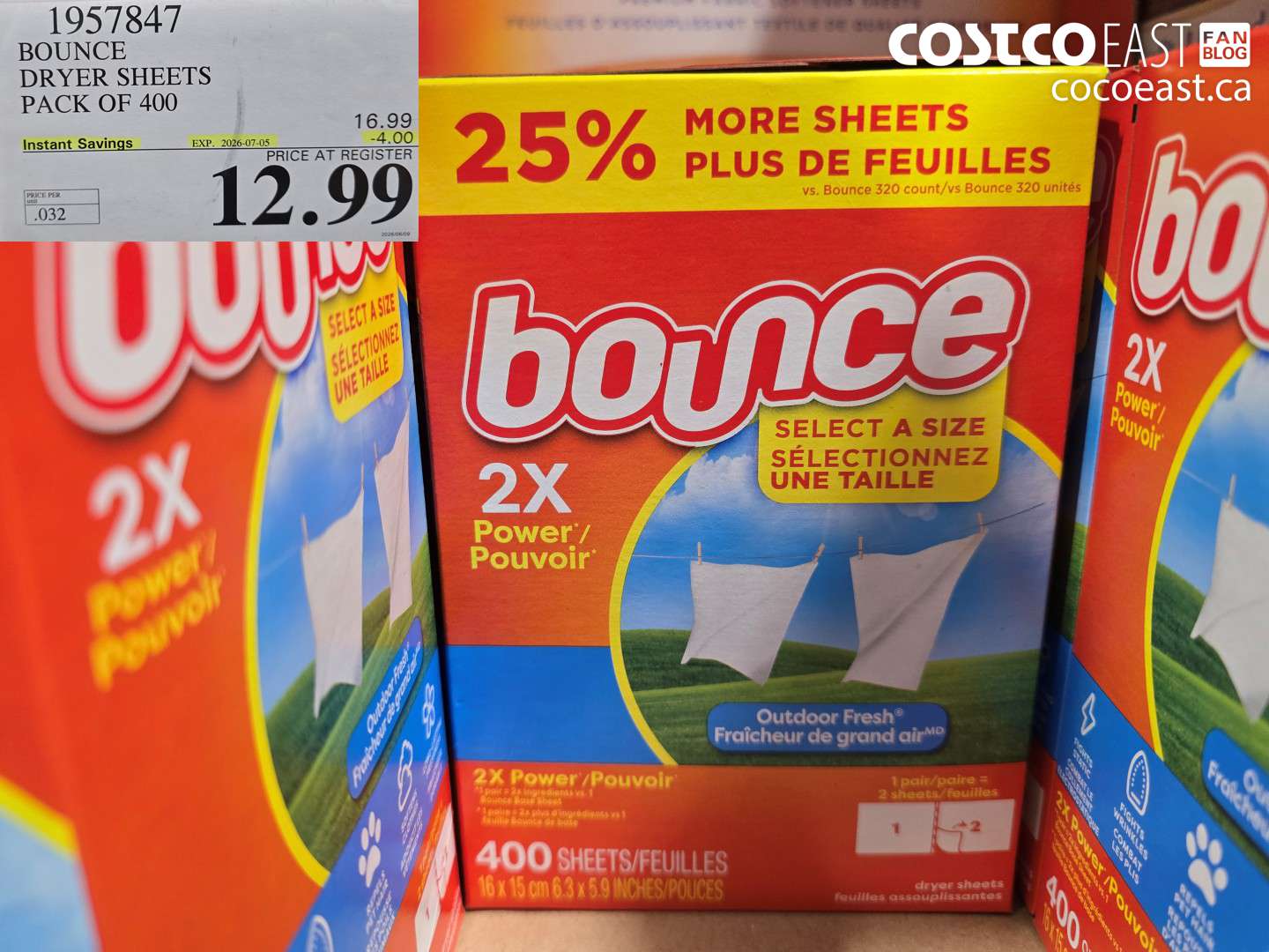 1957847 BOUNCE DRYER SHEETS PACK OF 400 ($4.00 INSTANT SAVINGS EXPIRES ON 2026-07-05) $12.99