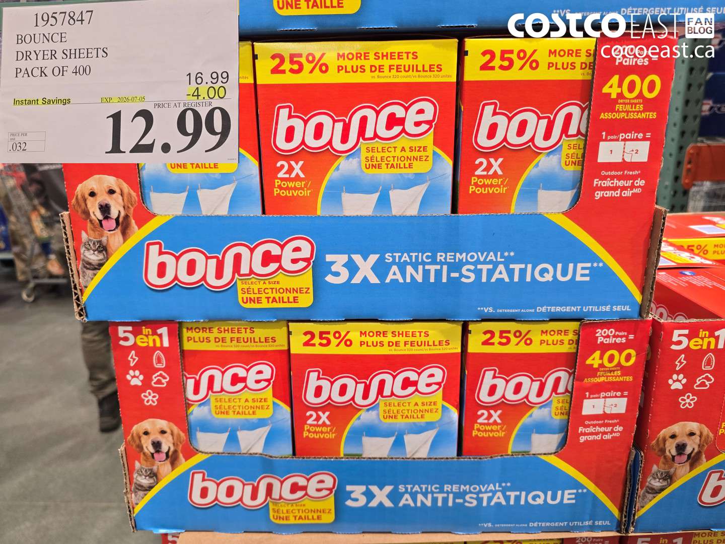 1957847 BOUNCE DRYER SHEETS PACK OF 400 ($4.00 INSTANT SAVINGS EXPIRES ON 2026-07-05) $12.99