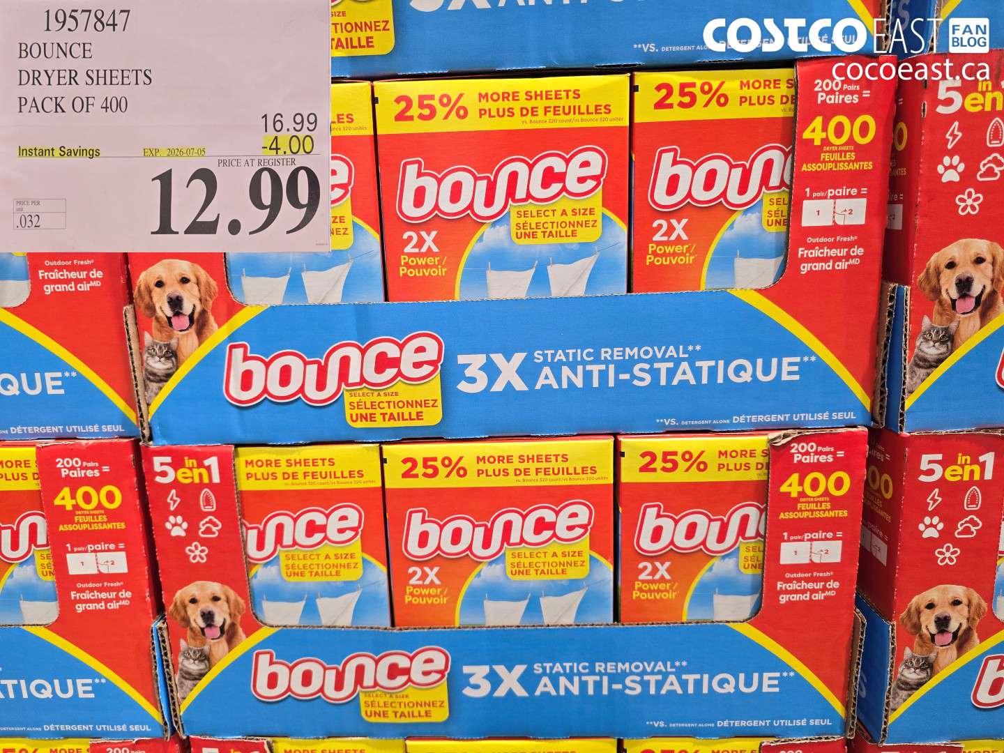 1957847 BOUNCE DRYER SHEETS PACK OF 400 ($4.00 INSTANT SAVINGS EXPIRES ON 2026-07-05) $12.99