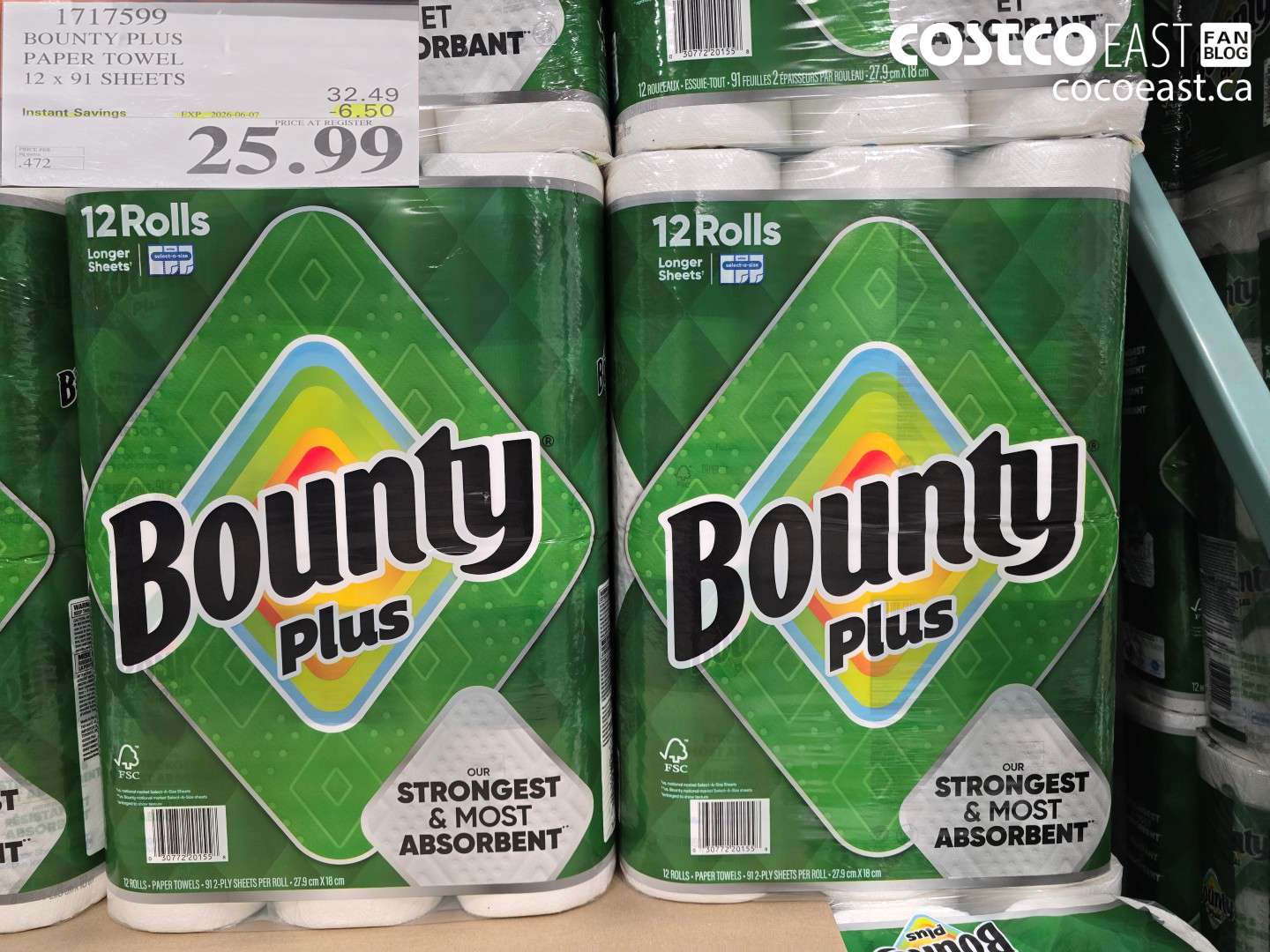 1717599 BOUNTY PLUS PAPER TOWEL 12 X 91 SHEETS ($6.50 INSTANT SAVINGS EXPIRES ON 2026-06-07) $25.99
