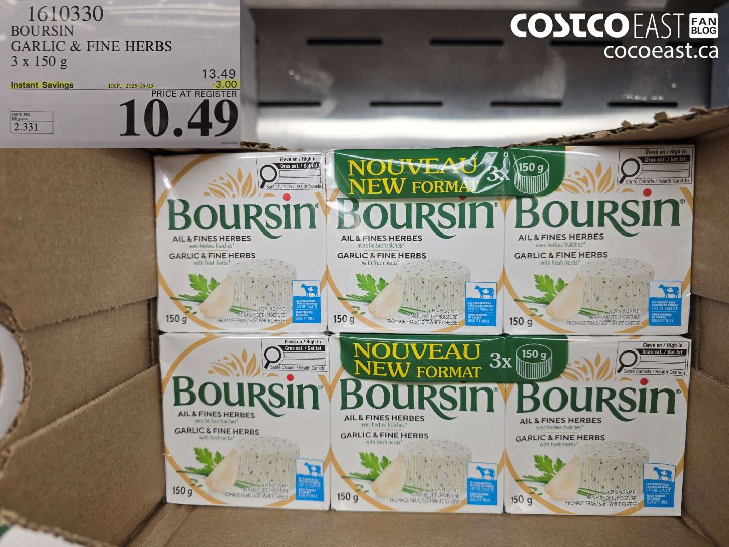 1610330 BOURSIN GARLIC & FINE HERBS 3 X 150 G ($3.00 INSTANT SAVINGS EXPIRES ON 2026-06-05) $10.49